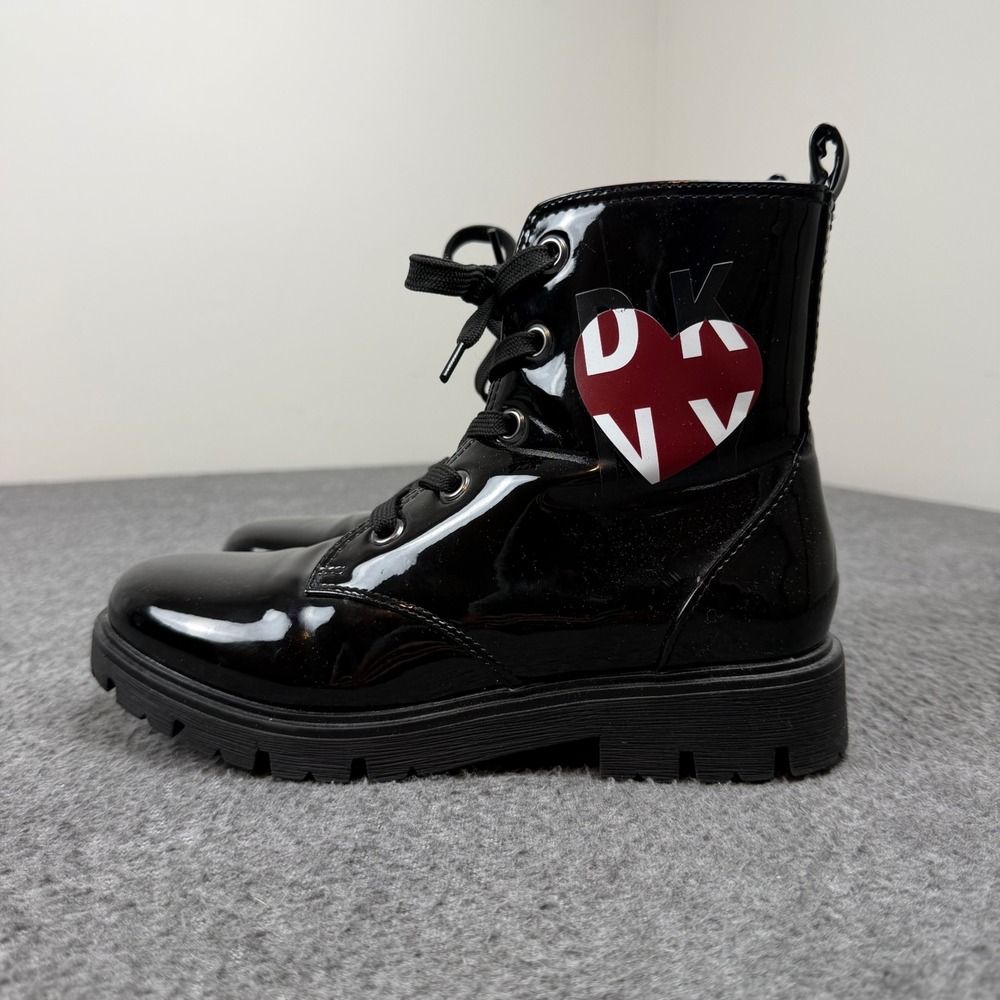 DKNY Combat Boots Girls Size 5 Black Patent Heart Logo DKN008 Lace Up Zip - Picture 5 of 7